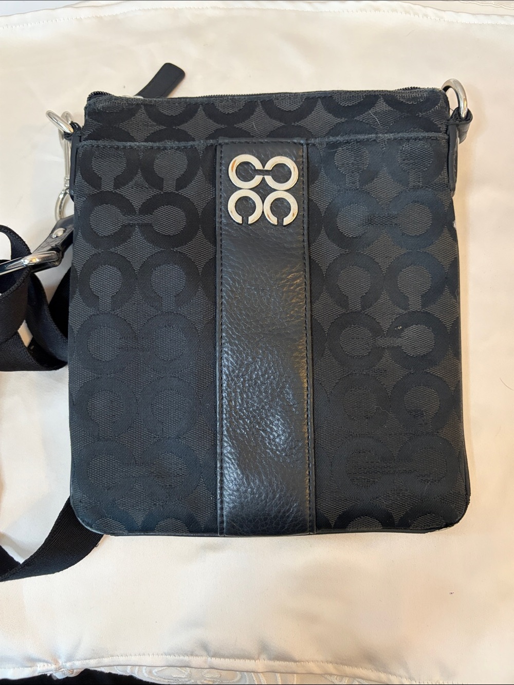 Coach Black Signature Crossbody Messenger with Leather Stripe
